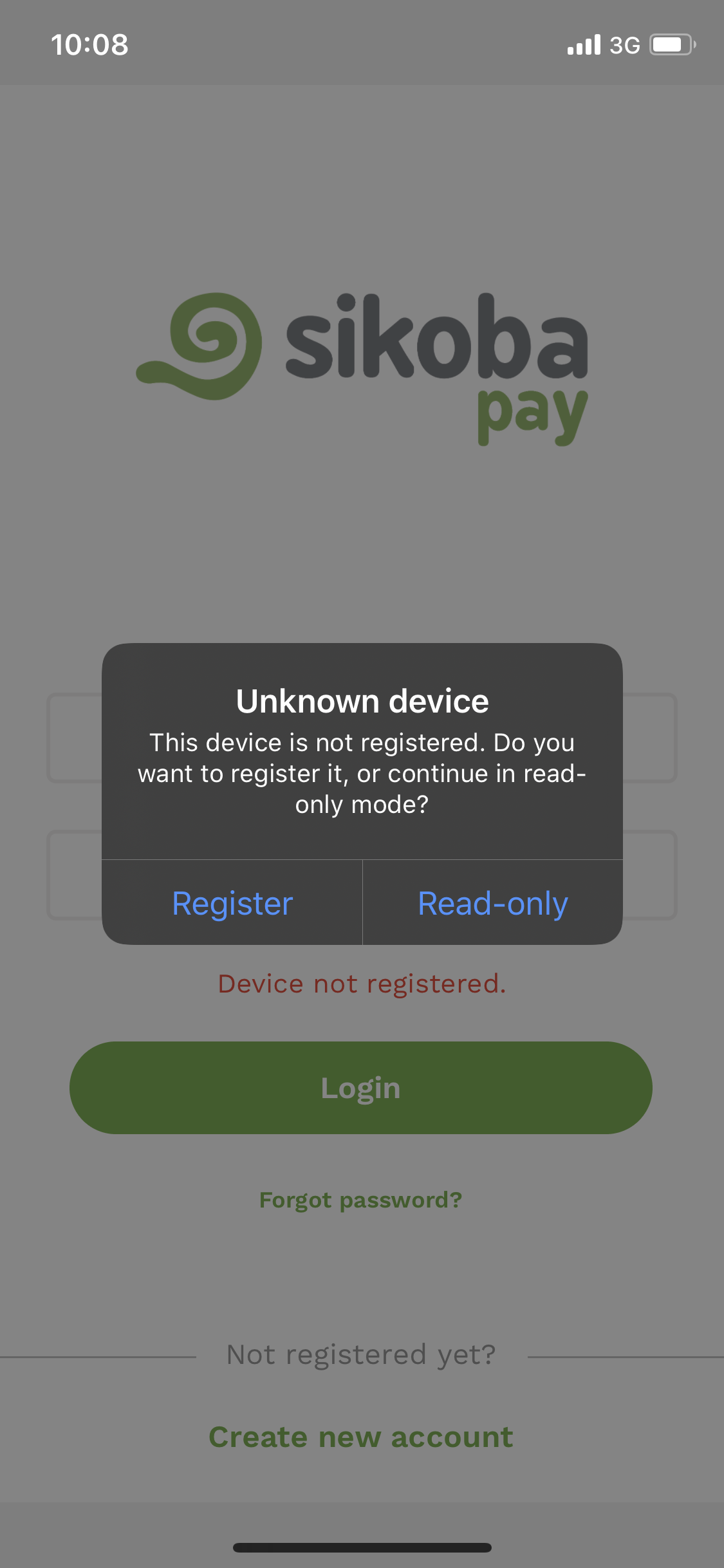 register device screen